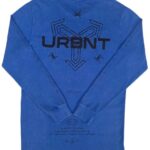 Blue long-sleeve t-shirt with black "URBNT" logo and geometric design on the back.