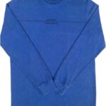 A blue long-sleeve t-shirt with subtle stitched details.