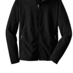 A black fleece jacket with a full zipper and zippered side pockets.