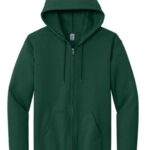A dark green zip-up hoodie with a drawstring hood and front pockets.