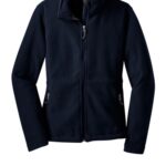 A navy blue fleece jacket with a zip-up front and zippered pockets.