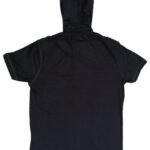 A black short-sleeve hoodie-style t-shirt viewed from the back.
