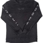 A black long-sleeve t-shirt with a printed clock and saw blade design on the back.