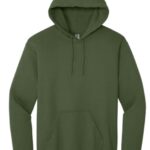 Olive green pullover hoodie with drawstring hood and front kangaroo pocket.