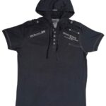 Black short-sleeve hooded T-shirt with button-up front, shoulder details, and printed text design.