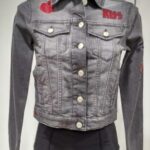 Gray denim jacket with red embroidery and silver buttons.