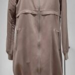 Taupe longline bomber-style jacket with zipper closure and adjustable hem.