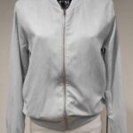 Light grey bomber jacket with a front zipper and ribbed cuffs.