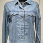 Light blue denim jacket with a raw hem and button closure.