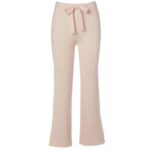 Light pink ribbed knit pants with a high waist and a tie belt.