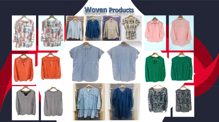 Woven Garments Collection – Classic Fashion Sourcing Various styles of women's woven tops displayed on hangers including printed, striped, denim, and solid color blouses.