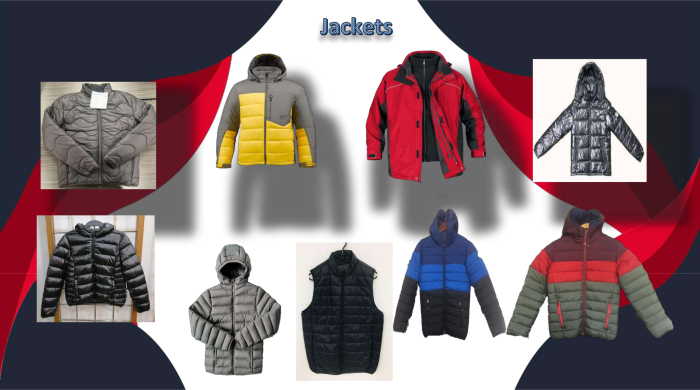 Winter Jackets Collection – Classic Fashion Sourcing Assorted men's and women's winter jackets in various colors and styles including padded, hooded, and sleeveless designs.