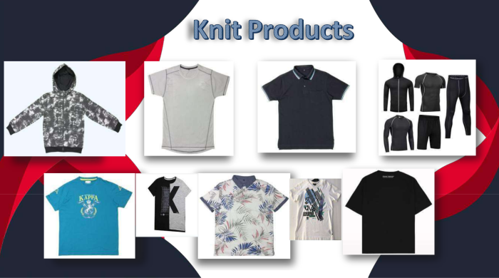 Knitwear Garment Collection – Casual & Performance Styles A collection of various knit garments including hoodies, t-shirts, polos, and base layers in different colors and styles.