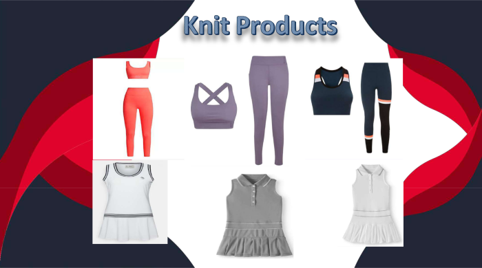 Women’s Knit Activewear and Tennis Apparel A collection of women’s knit activewear and tennis outfits including sports bras, leggings, and tennis dresses in various colors and designs.