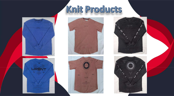 Men’s Knit T-Shirts and Long Sleeve Graphic Tees Various styles of men’s knit shirts in long and short sleeves with front and back graphic designs in blue, brown, and black.