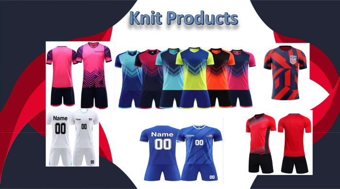 Custom Knit Teamwear – Football & Activewear Sets Multiple sets of colorful custom team sportswear and football kits designed for performance and branding.
