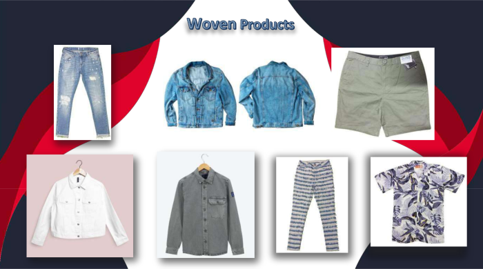 Woven Products – Denim, Casual, and Smartwear A range of woven garments including denim jeans, jackets, shorts, shirts, and printed casual shirts in assorted styles.